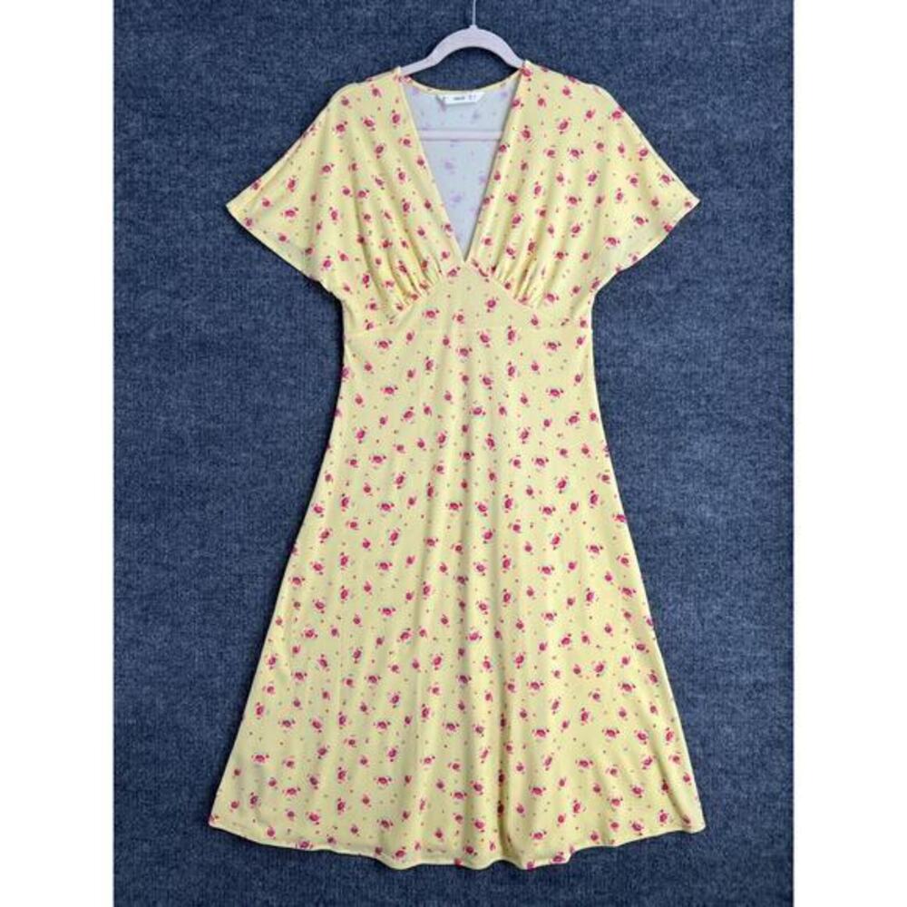 Mango MNG Womens Midi Dress Size Small Yellow Floral Crepe Knit V Neck Cottage
